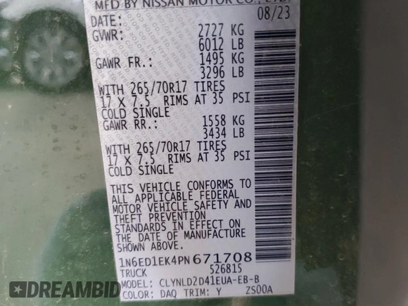 2023 Nissan Frontier Pro-4X z VIN 1N6ED1EK4PN671708, wystawiony jako Copart lot #58271305 z przebiegiem 22 906 mil mil oraz Szkoda całkowita • Salvage title. Historia ofert i sprzedaży dostępna na DreamBid. Obrazek 13.