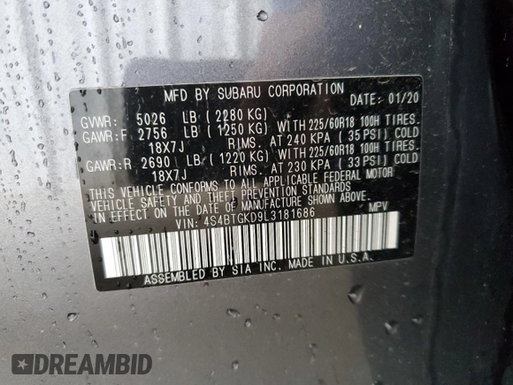 2020 Subaru Outback Onyx XT with VIN 4S4BTGKD9L3181686, listed as a Copart auction lot 54611005 with 46,070 mi miles and Clean title. Bid and sale history available at DreamBid. Image 12.