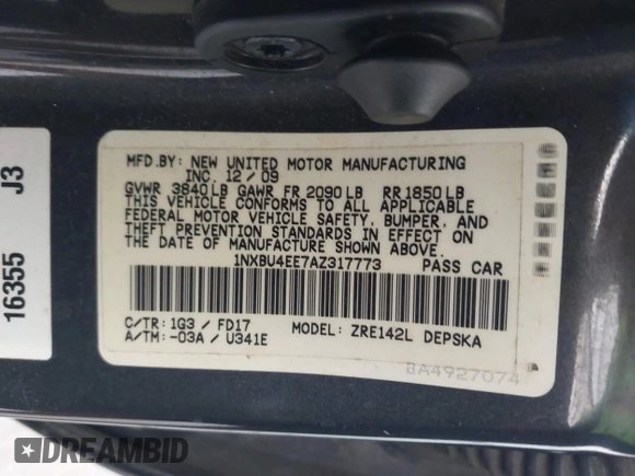 2010 Toyota Corolla with VIN 1NXBU4EE7AZ317773, listed as a IAAI auction lot 42128265 with 226,435 mi miles and . Bid and sale history available at DreamBid. Image 9.