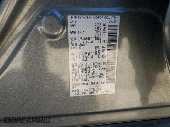 2014 Nissan Rogue SV with VIN 5N1AT2MT3EC849746, listed as a Copart auction lot 48716175 with 184,828 mi miles and Salvage Title. Bid and sale history available at DreamBid. Image 15.
