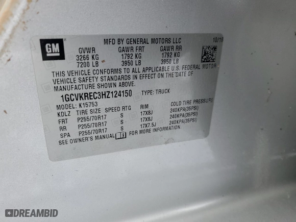 2017 Chevrolet Silverado 1500 LT with VIN 1GCVKREC3HZ124150, listed as a Copart auction lot 45327195 with 0 mi miles and Salvage Title. Bid and sale history available at carsss.com. Image 12.