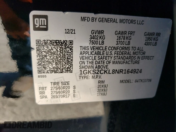 2022 GMC Yukon AT4 with VIN 1GKS2CKL8NR164924, listed as a Copart auction lot 75658914 with 0 mi miles and Salvage Title. Bid and sale history available at carsss.com. Image 13.