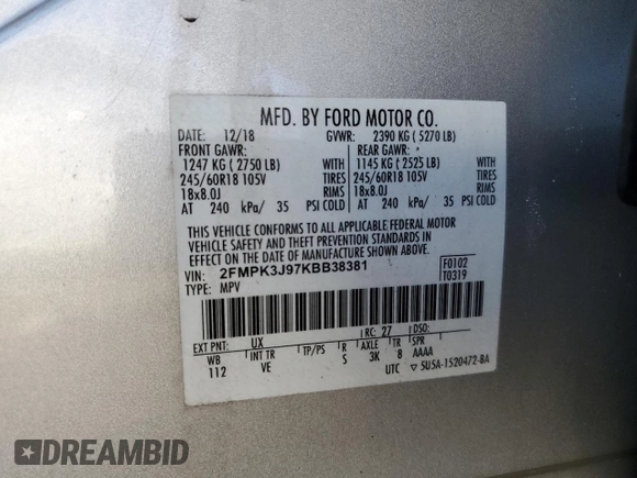2019 Ford Edge SEL with VIN 2FMPK3J97KBB38381, listed as a Copart auction lot 89071165 with 124,891 mi miles and Clean Title. Bid and sale history available at carsss.com. Image 13.