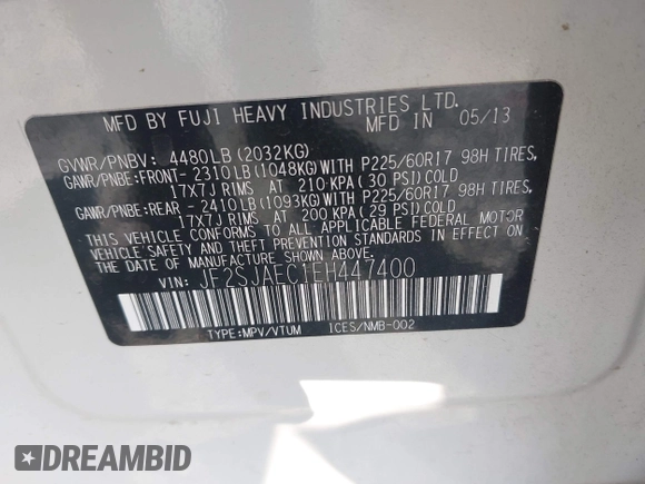 2014 Subaru Forester Premium with VIN JF2SJAEC1EH447400, listed as a IAAI auction lot 42532127 with 128,173 mi miles and . Bid and sale history available at DreamBid. Image 9.
