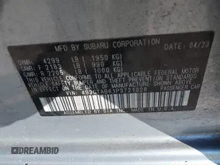 2023 Subaru Impreza with VIN 4S3GTAB61P3721028, listed as a IAAI auction lot 41989168 with 13,274 mi miles and . Bid and sale history available at DreamBid. Image 9.