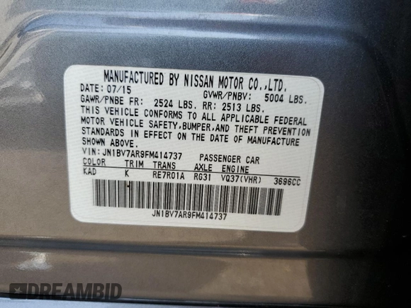 2015 Infiniti Q50 Premium with VIN JN1BV7AR9FM414737, listed as a Copart auction lot 62088065 with 118,668 mi miles and Salvage title. Bid and sale history available at DreamBid. Image 13.
