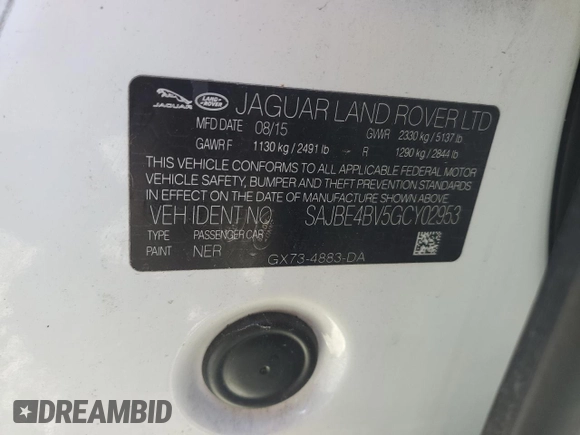 2016 Jaguar XF 35t Prestige with VIN SAJBE4BV5GCY02953, listed as a Copart auction lot 76556244 with 86,993 mi miles and Salvage Title. Bid and sale history available at carsss.com. Image 13.