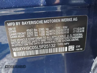 2020 BMW X2 sDrive28i with VIN WBXYH9C05L5P25132, listed as a IAAI auction lot 42269935 with 55,508 mi miles and . Bid and sale history available at DreamBid. Image 9.