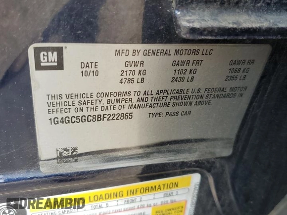 2011 Buick LaCrosse CXL with VIN 1G4GC5GC8BF222865, listed as a Copart auction lot 59014345 with 158,321 mi miles and Salvage title. Bid and sale history available at DreamBid. Image 12.
