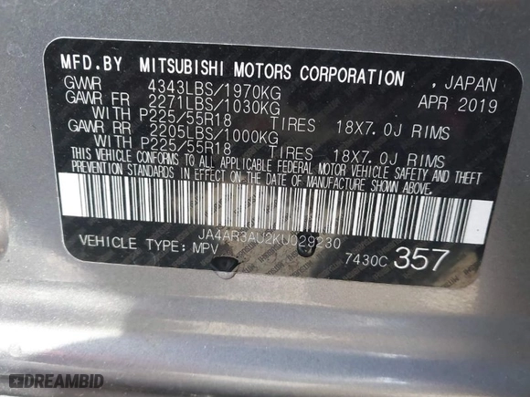 2019 Mitsubishi Outlander Sport ES 2.0 with VIN JA4AR3AU2KU029230, listed as a IAAI auction lot 41730562 with 68,530 mi miles. Bid and sale history available at carsss.com. Image 9.