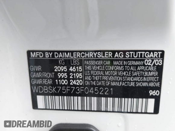 2003 Mercedes-Benz SL 500 z VIN WDBSK75F73F045221, wystawiony jako IAAI lot #42250517 z przebiegiem 103 803 mil mil oraz . Historia ofert i sprzedaży dostępna na DreamBid. Obrazek 9.