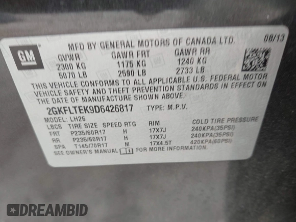2013 GMC Terrain SLE z VIN 2GKFLTEK9D6426817, wystawiony jako IAAI lot #42753117 z przebiegiem 167 796 mil mil oraz . Historia ofert i sprzedaży dostępna na DreamBid. Obrazek 9.