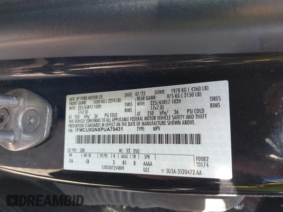 2023 Ford Escape Active with VIN 1FMCU0GNXPUA70431, listed as a IAAI auction lot 41822052 with 17,170 mi miles and . Bid and sale history available at DreamBid. Image 9.