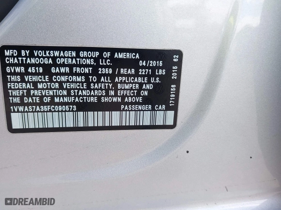 2015 Volkswagen Passat 1.8T Limited Edition with VIN 1VWAS7A35FC090573, listed as a IAAI auction lot 42029286 with 151,451 mi miles. Bid and sale history available at carsss.com. Image 9.