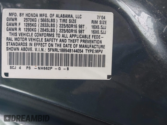 2004 Honda Odyssey EX-RES with VIN 5FNRL18894B144054, listed as a IAAI auction lot 42505190 with 279,850 mi miles and . Bid and sale history available at DreamBid. Image 9.