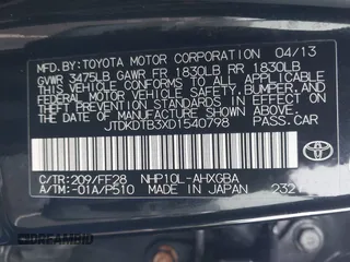 2013 Toyota Prius One z VIN JTDKDTB3XD1540798, wystawiony jako IAAI lot #42266860 z przebiegiem 208 567 mil mil oraz . Historia ofert i sprzedaży dostępna na DreamBid. Obrazek 9.