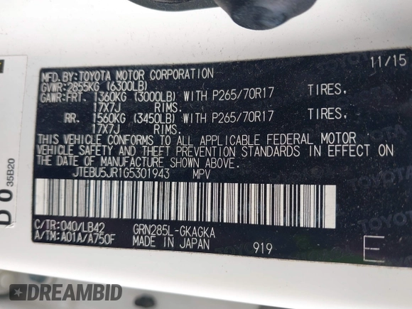 2016 Toyota 4Runner Limited with VIN JTEBU5JR1G5301943, listed as a IAAI auction lot 41491480 with 150,174 mi miles and . Bid and sale history available at DreamBid. Image 9.