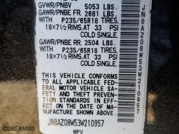 2003 Nissan Murano SE with VIN JN8AZ08W53W210957, listed as a Copart auction lot 75673144 with 159,902 mi miles and Salvage Title. Bid and sale history available at carsss.com. Image 12.