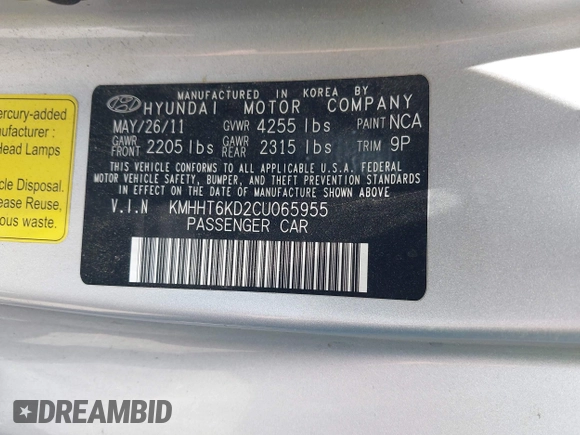 2012 Hyundai Genesis Coupe 2.0T with VIN KMHHT6KD2CU065955, listed as a IAAI auction lot 42615892 with 122,215 mi miles and . Bid and sale history available at DreamBid. Image 9.