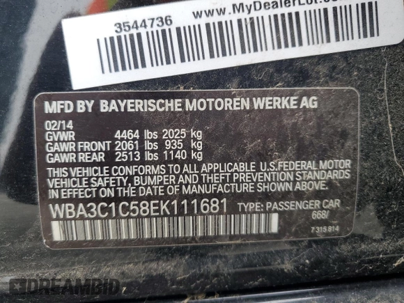 2014 BMW 3 Series 328i with VIN WBA3C1C58EK111681, listed as a Copart auction lot 55114435 with 167,874 mi miles and Clean Title. Bid and sale history available at carsss.com. Image 12.