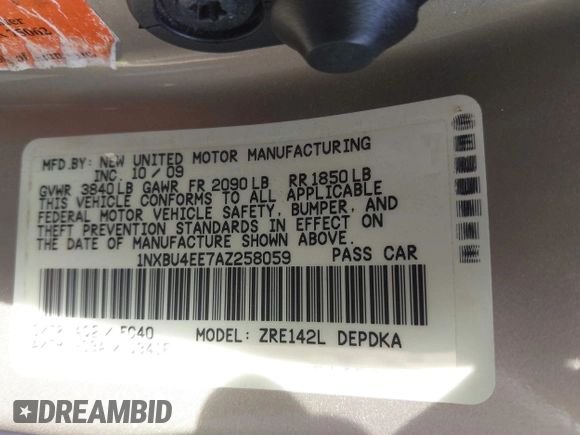 2010 Toyota Corolla with VIN 1NXBU4EE7AZ258059, listed as a IAAI auction lot 41603509 with 183,645 mi miles and . Bid and sale history available at DreamBid. Image 9.