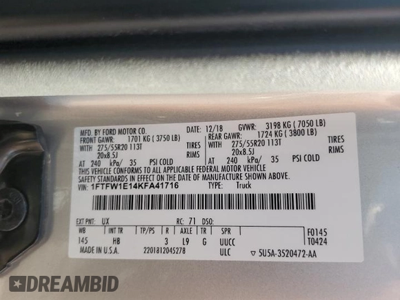 2019 Ford F-150 XL z VIN 1FTFW1E14KFA41716, wystawiony jako Copart lot #49814175 z przebiegiem 182 879 mil mil oraz Szkoda całkowita • Salvage title. Historia ofert i sprzedaży dostępna na DreamBid. Obrazek 13.