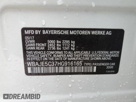 2017 BMW 5 Series 540i with VIN WBAJE5C37HG916165, listed as a Copart auction lot 45088915 with 100,563 mi miles and Salvage Title. Bid and sale history available at carsss.com. Image 12.