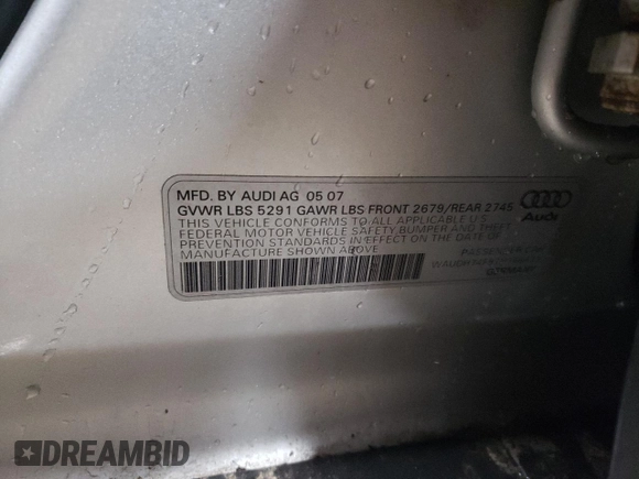 2007 Audi A6 3.2L with VIN WAUDH74F97N166433, listed as a Copart auction lot 49239765 with 159,205 mi miles and Salvage Title. Bid and sale history available at carsss.com. Image 12.
