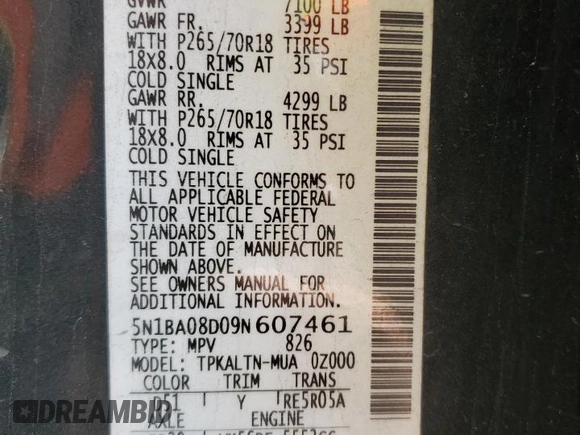 2009 Nissan Armada SE z VIN 5N1BA08D09N607461, wystawiony jako Copart lot #48245795 z przebiegiem 247 466 mil mil oraz Szkoda całkowita • Salvage title. Historia ofert i sprzedaży dostępna na DreamBid. Obrazek 13.