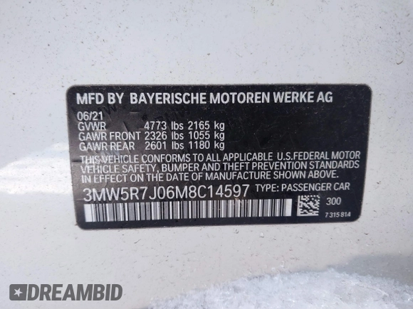 2021 BMW 3 Series 330i xDrive z VIN 3MW5R7J06M8C14597, wystawiony jako IAAI lot #41581041 z przebiegiem 8 776 mil mil oraz . Historia ofert i sprzedaży dostępna na DreamBid. Obrazek 9.