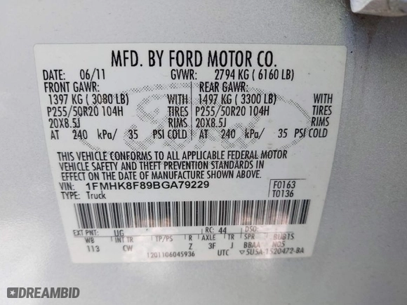2011 Ford Explorer Limited with VIN 1FMHK8F89BGA79229, listed as a IAAI auction lot 41828412 with 139,894 mi miles. Bid and sale history available at carsss.com. Image 9.