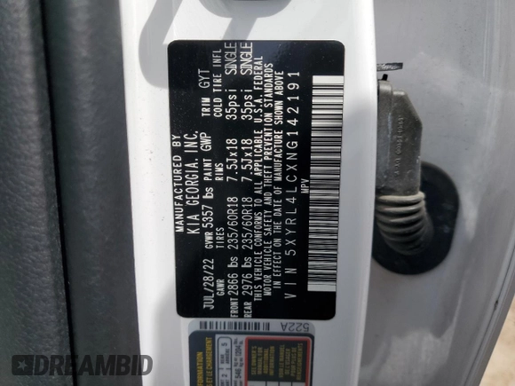 2022 Kia Sorento S with VIN 5XYRL4LCXNG142191, listed as a Copart auction lot 57647935 with 17,789 mi miles and Clean title. Bid and sale history available at DreamBid. Image 13.