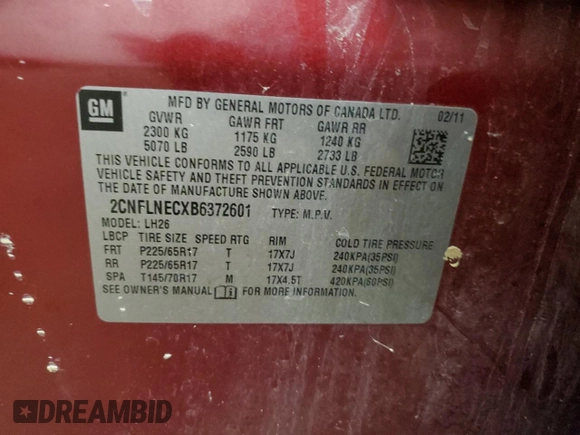 2011 Chevrolet Equinox 2LT z VIN 2CNFLNECXB6372601, wystawiony jako Copart lot #54666295 z przebiegiem 196 420 mil mil oraz Szkoda całkowita • Salvage title. Historia ofert i sprzedaży dostępna na DreamBid. Obrazek 12.