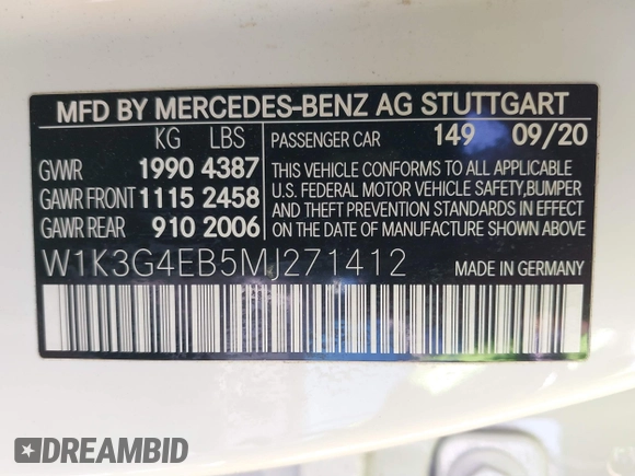 2021 Mercedes-Benz A 220 with VIN W1K3G4EB5MJ271412, listed as a IAAI auction lot 41862593 with 86,155 mi miles and . Bid and sale history available at DreamBid. Image 9.