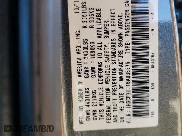 2011 Honda Accord EX with VIN 1HGCP2E71BA036675, listed as a Copart auction lot 70688474 with 46,716 mi miles and Salvage title. Bid and sale history available at DreamBid. Image 12.