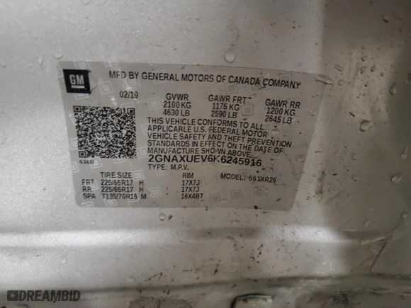2019 Chevrolet Equinox LT with VIN 2GNAXUEV6K6245916, listed as a Copart auction lot 47416205 with 63,364 mi miles and Salvage Title. Bid and sale history available at carsss.com. Image 15.