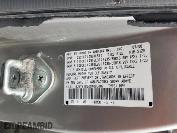 2009 Acura RDX Technology with VIN 5J8TB18549A003487, listed as a Copart auction lot 59742325 with 120,394 mi miles and Salvage title. Bid and sale history available at DreamBid. Image 13.