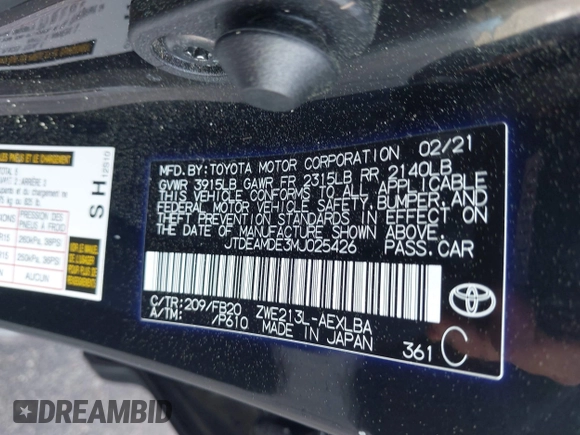 2021 Toyota Corolla Hybrid LE with VIN JTDEAMDE3MJ025426, listed as a IAAI auction lot 41922582 with 57,705 mi miles. Bid and sale history available at carsss.com. Image 9.