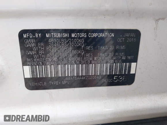 2019 Mitsubishi Eclipse Cross SE with VIN JA4AT5AA4KZ020549, listed as a IAAI auction lot 42674825 with 133,269 mi miles and . Bid and sale history available at DreamBid. Image 9.