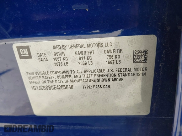 2014 Chevrolet Sonic LT with VIN 1G1JC6SB0E4205646, listed as a IAAI auction lot 41925745 with 84,102 mi miles. Bid and sale history available at carsss.com. Image 9.