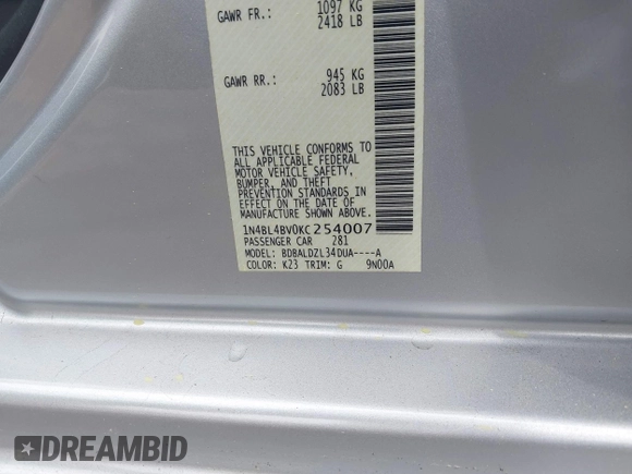 2019 Nissan Altima S with VIN 1N4BL4BV0KC254007, listed as a IAAI auction lot 41863675 with 58,828 mi miles and . Bid and sale history available at DreamBid. Image 9.