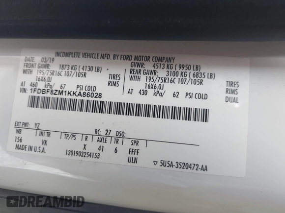 2019 Ford Transit with VIN 1FDBF8ZM1KKA86028, listed as a IAAI auction lot 42165485 with 89,755 mi miles and . Bid and sale history available at DreamBid. Image 9.