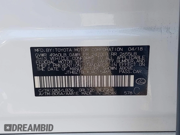 2018 Lexus GS 350 with VIN JTHBZ1BLXJA015465, listed as a IAAI auction lot 41848863 with 59,914 mi miles and . Bid and sale history available at DreamBid. Image 9.