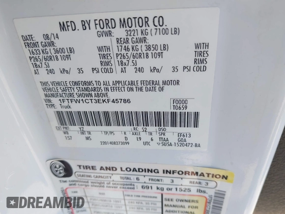 2014 Ford F-150 XL with VIN 1FTFW1CT3EKF45786, listed as a IAAI auction lot 41520825 with 168,992 mi miles. Bid and sale history available at carsss.com. Image 8.