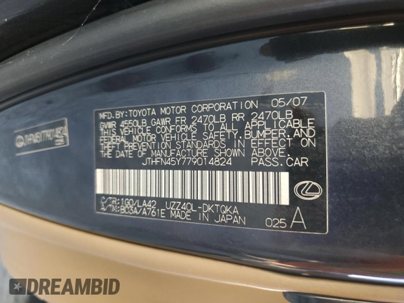 2007 Lexus SC 430 with VIN JTHFN45Y779014824, listed as a Copart auction lot 85856414 with 232,247 mi miles and Clean Title. Bid and sale history available at DreamBid. Image 12.