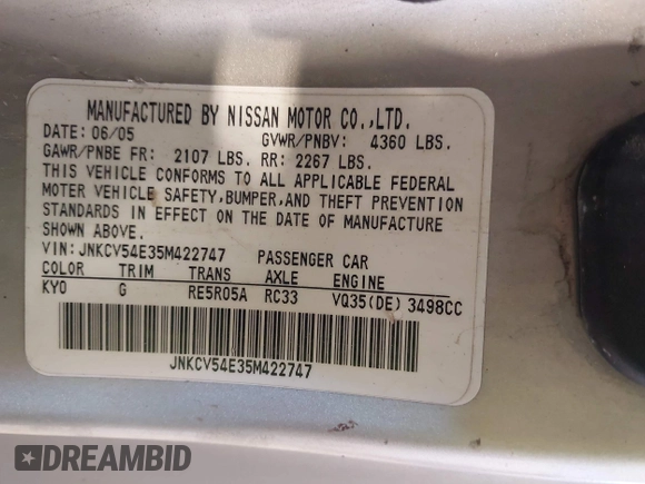 2005 Infiniti G35 z VIN JNKCV54E35M422747, wystawiony jako IAAI lot #42505269 z przebiegiem 153 324 mil mil oraz . Historia ofert i sprzedaży dostępna na DreamBid. Obrazek 9.