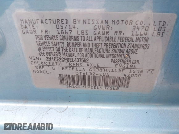 2014 Nissan Note S Plus with VIN 3N1CE2CP0EL437562, listed as a IAAI auction lot 42016066 with 43,228 mi miles and . Bid and sale history available at DreamBid. Image 9.