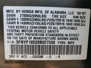 2008 Honda Pilot EX-L with VIN 5FNYF18528B027530, listed as a Copart auction lot 80157604 with 197,910 mi miles and Salvage Title. Bid and sale history available at DreamBid. Image 13.