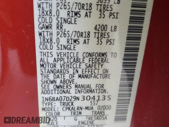2009 Nissan Titan SE with VIN 1N6BA07D29N304135, listed as a Copart auction lot 47484265 with 133,548 mi miles and Salvage Title. Bid and sale history available at carsss.com. Image 12.
