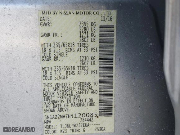 2017 Nissan Murano SL with VIN 5N1AZ2MH7HN120085, listed as a Copart auction lot 45474505 with 140,218 mi miles and Salvage Title. Bid and sale history available at carsss.com. Image 12.